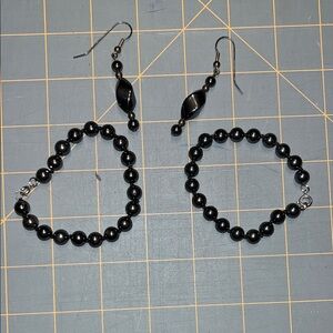 Elegant Hematite Black Beaded Jewelry Set earrings bracelets